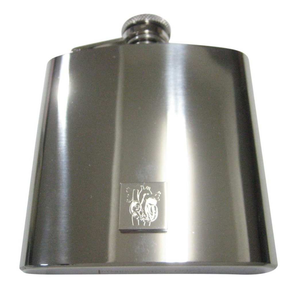 Silver Toned Square Etched Anatomical Heart 6oz Flask